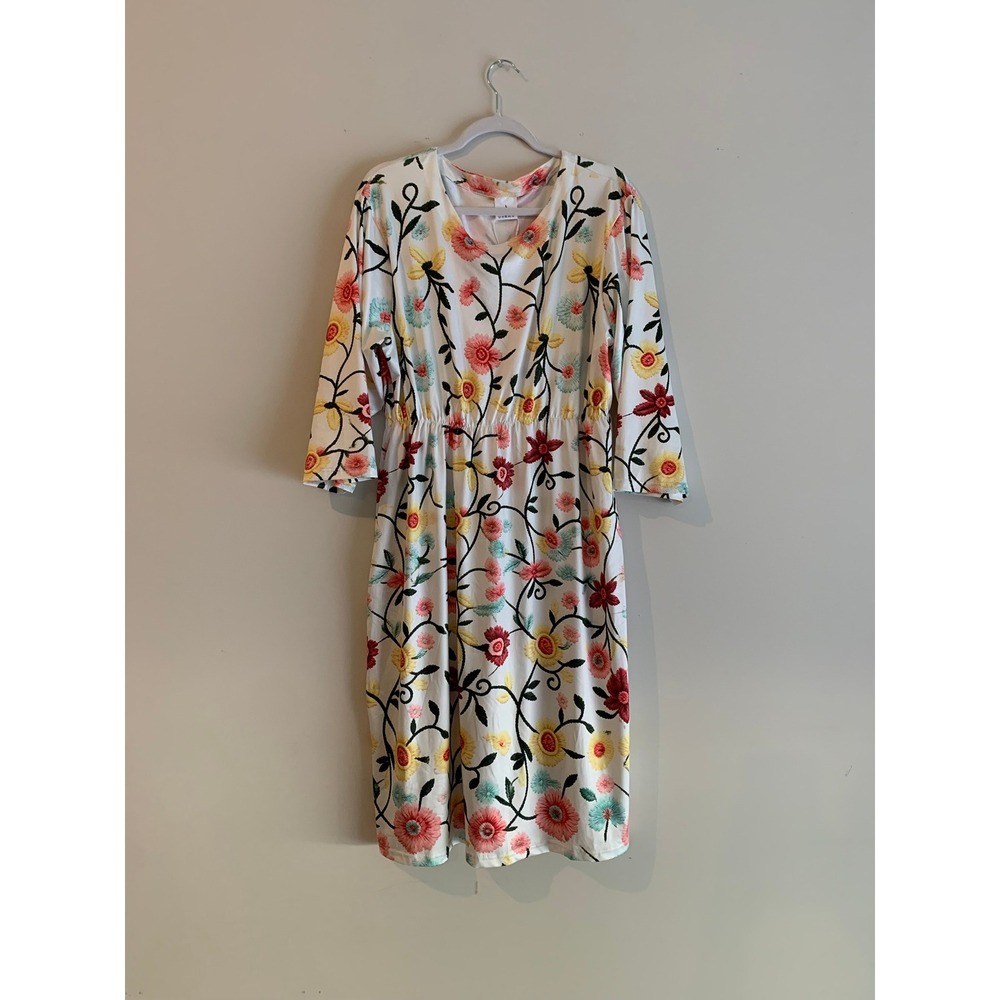 Avery & Maren New York Women White Floral V-Neck Elastic Waist Midi Dress Large